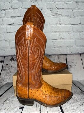 Vintage Tony Lama Exotic Full Quill Ostrich & Leather Western Cowboy Boots